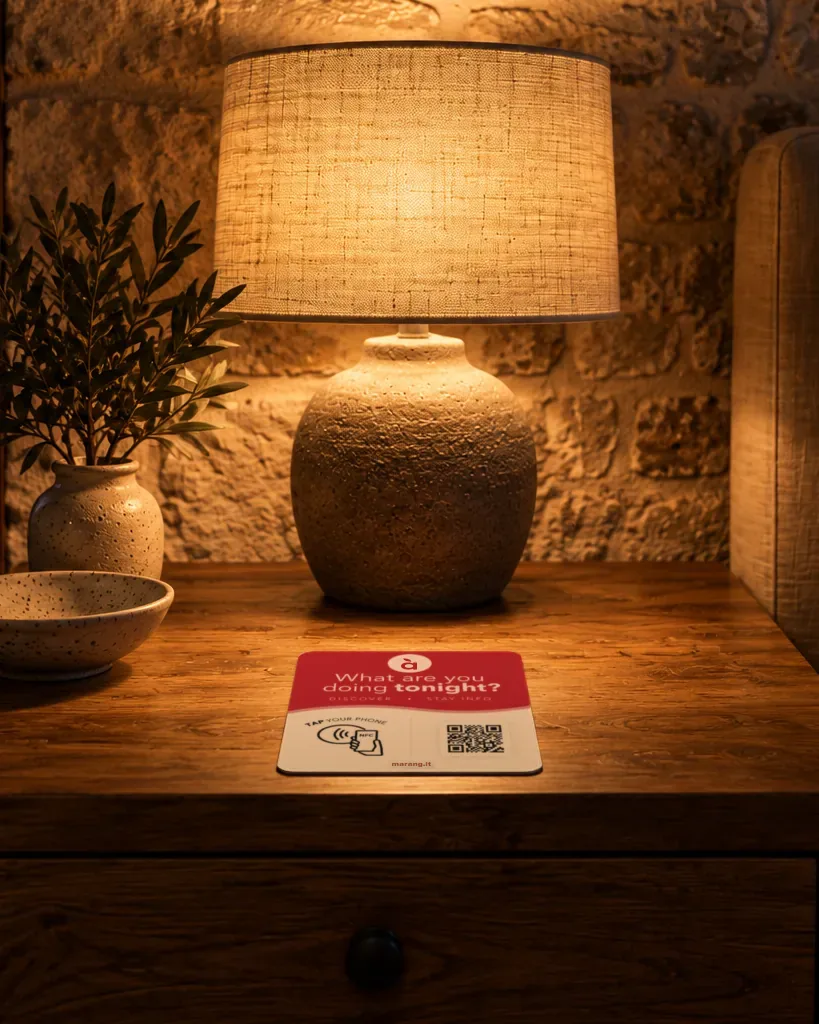 Comodino di una camera di B&B a Bari, di sera: lampada accesa e il tag Marang appoggiato sul legno.